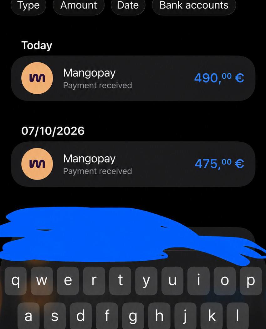 Mangopay recent transactions showing two payments received, for 40 euros and 45 euros.